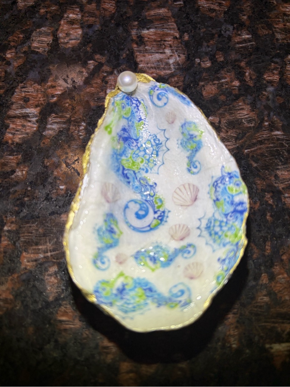 Handmade seahorse decoupage oyster shell trinket dish